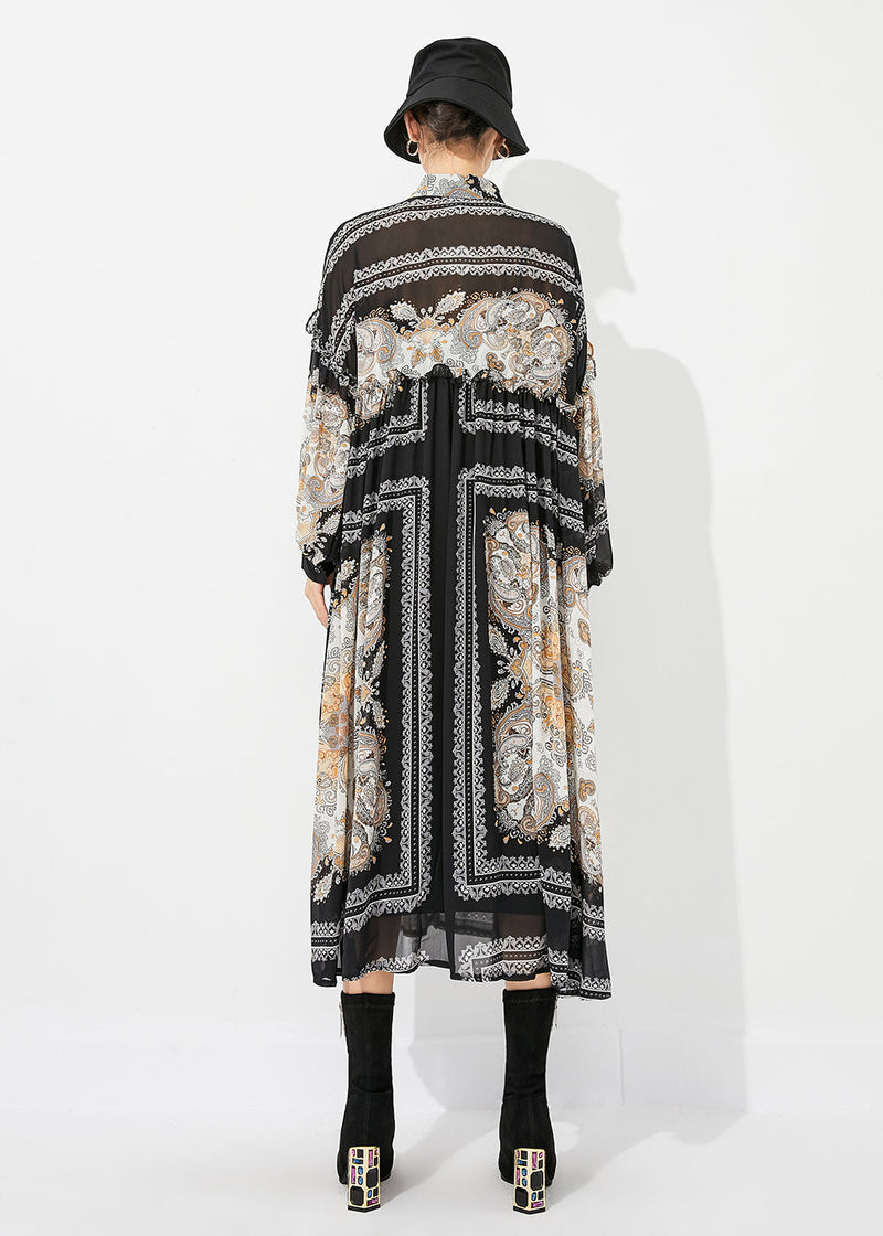 Black Print Oversized Wrinkled Chiffon Long Dresses Spring Ly0825