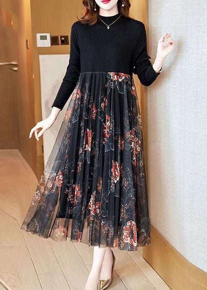 Black Stand Collar Patchwork Tulle Knit Long Dress Spring Ac2044