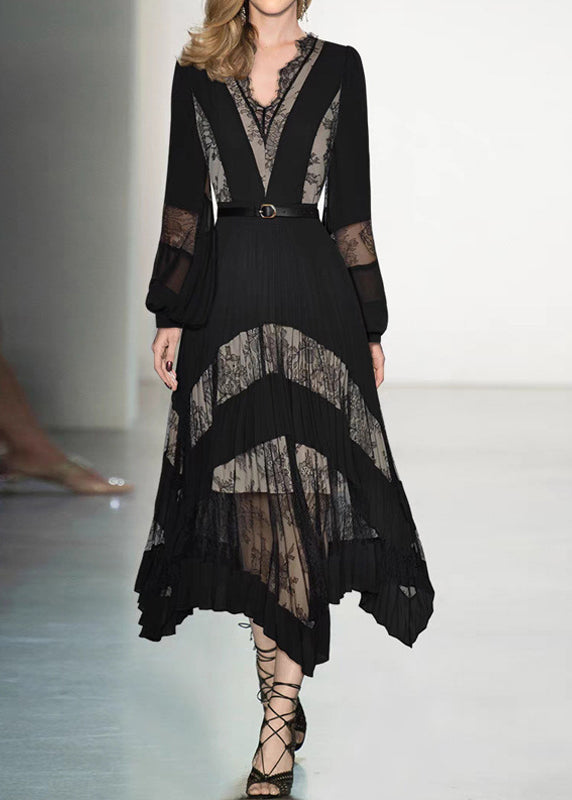 Black V Neck Lace Patchwork Maxi Dresses Puff Sleeve Zl037