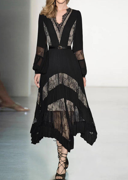 Black V Neck Lace Patchwork Maxi Dresses Puff Sleeve Zl037
