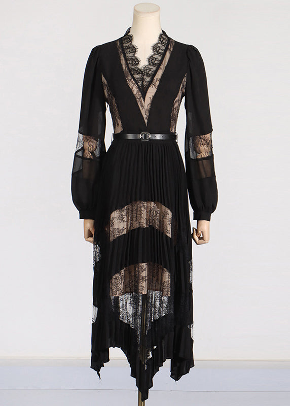 Black V Neck Lace Patchwork Maxi Dresses Puff Sleeve Zl037
