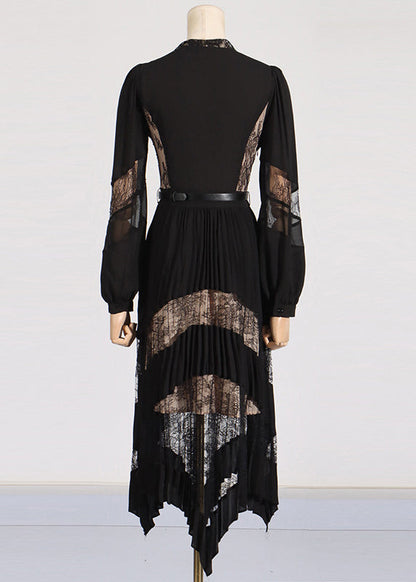Black V Neck Lace Patchwork Maxi Dresses Puff Sleeve Zl037