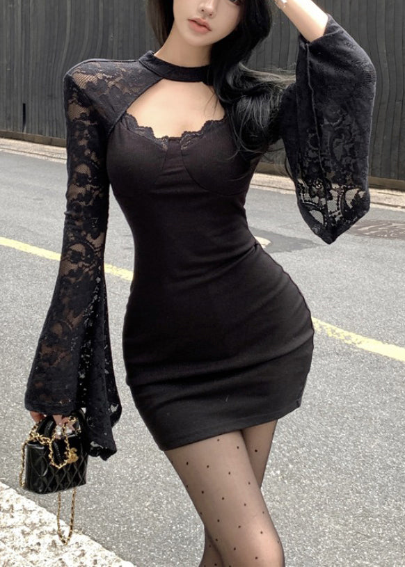 Black Wraped Patchwork Lace Mini Dress Spring Yp054