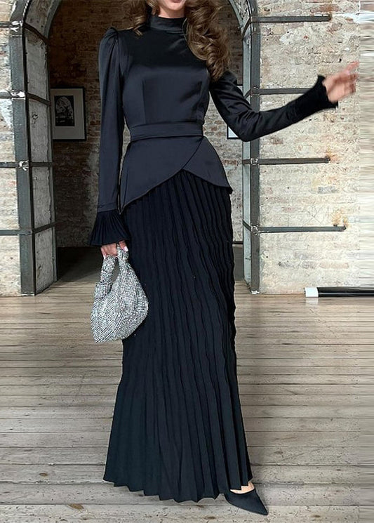 Black Wrinkled Patchwork Silk Long Dress Fall Wo049