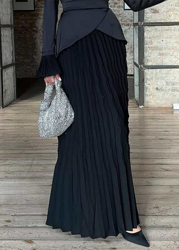 Black Wrinkled Patchwork Silk Long Dress Fall Wo049