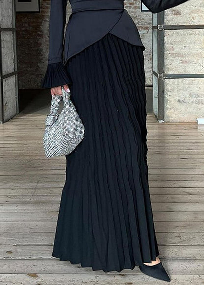 Black Wrinkled Patchwork Silk Long Dress Fall Wo049