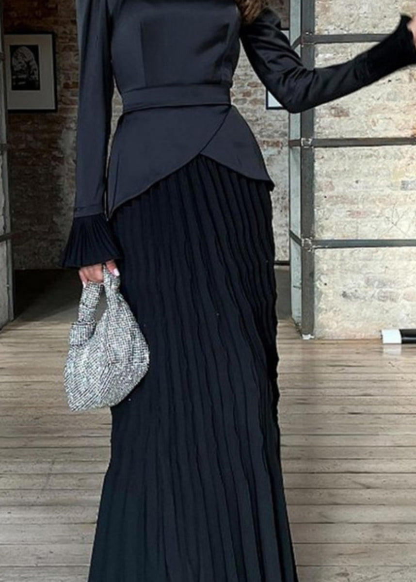 Black Wrinkled Patchwork Silk Long Dress Fall Wo049
