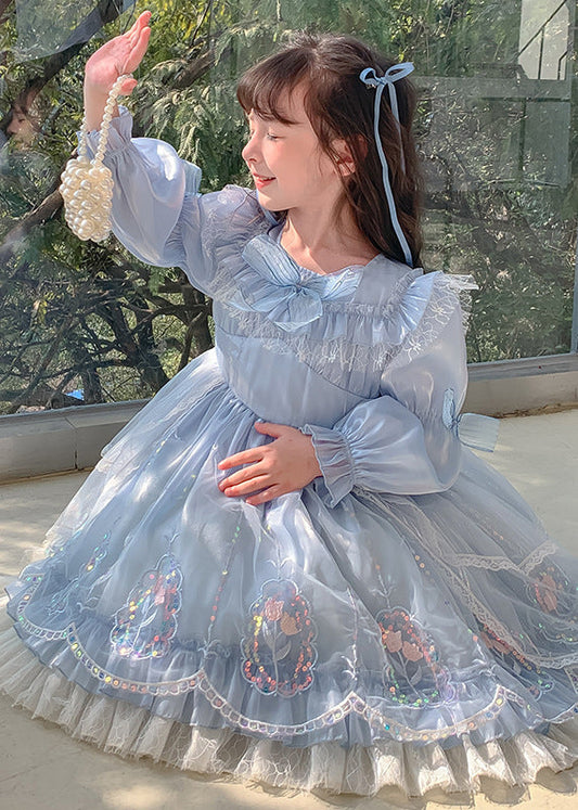Blue Bow Embroideried Patchwork Tulle Vacation Maxi Dresses Puff Sleeve Rp049