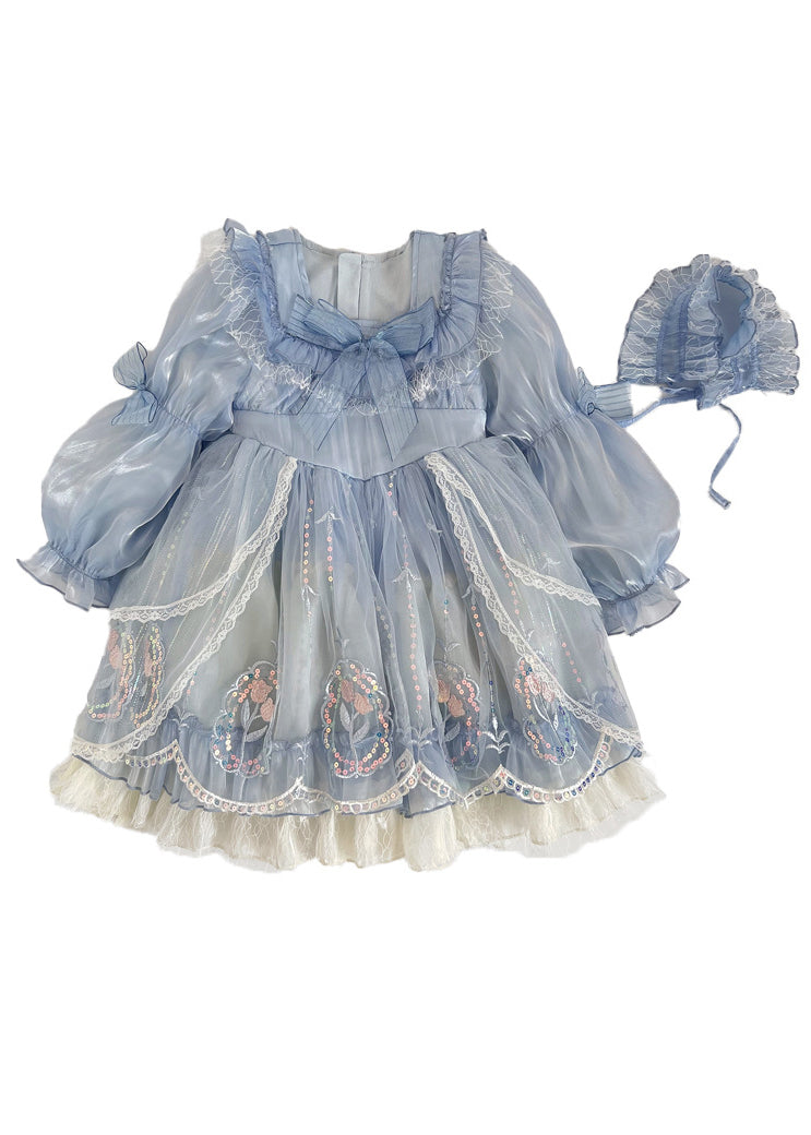 Blue Bow Embroideried Patchwork Tulle Vacation Maxi Dresses Puff Sleeve Rp049
