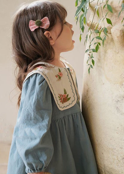 Blue Embroideried Patchwork Long Dress Fall Ss1034