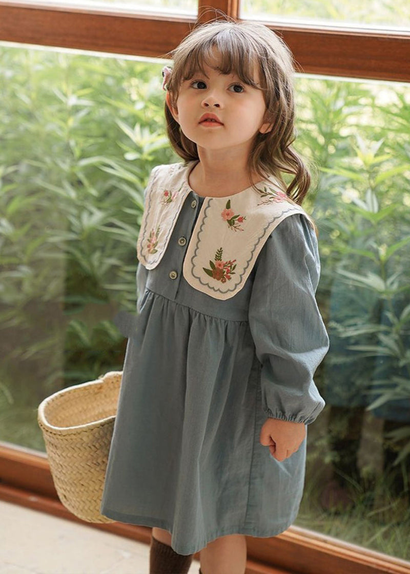 Blue Embroideried Patchwork Long Dress Fall Ss1034