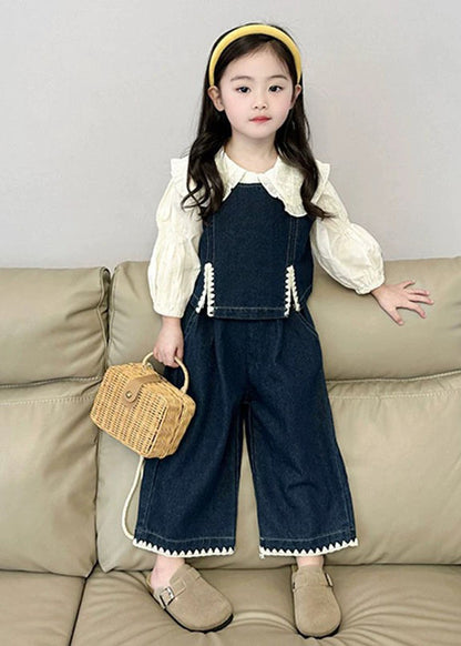 Blue Kids Denim Waistcoat Shirts and Crop Pants Three Pieces Set Spring Tr033