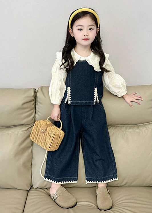 Blue Kids Denim Waistcoat Shirts and Crop Pants Three Pieces Set Spring Tr033