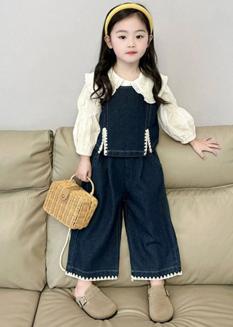 Blue Kids Denim Waistcoat Shirts and Crop Pants Three Pieces Set Spring Tr033