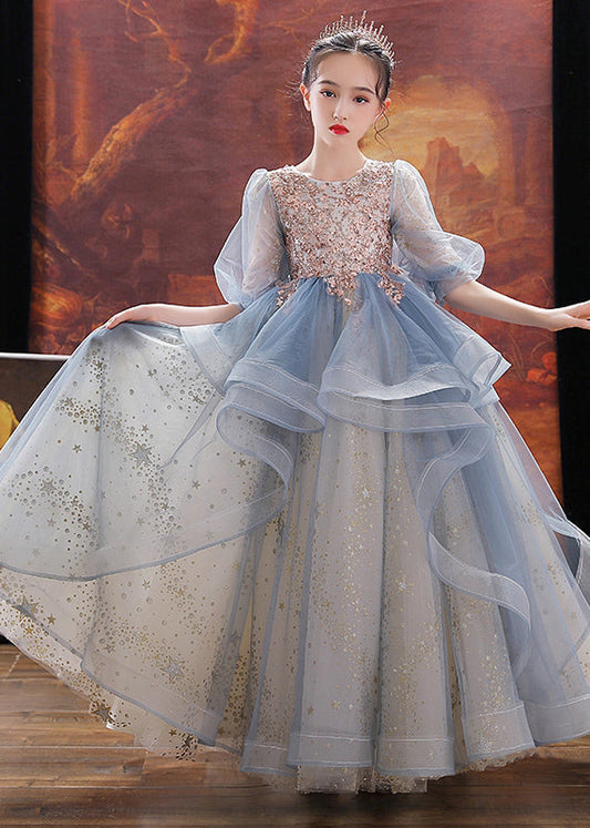 Blue O-neck Sequins Patchwork Tulle Kids Maxi Dress Puff Sleeve Qv023