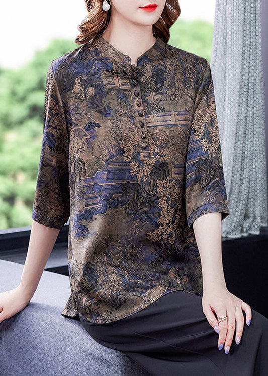 Blue Patchwork Print Button Silk Blouse Tops Summer Ly0427