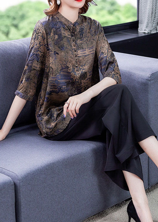 Blue Patchwork Print Button Silk Blouse Tops Summer Ly0427