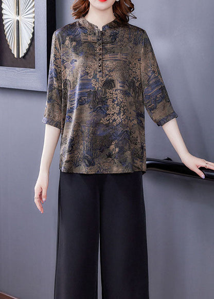Blue Patchwork Print Button Silk Blouse Tops Summer Ly0427
