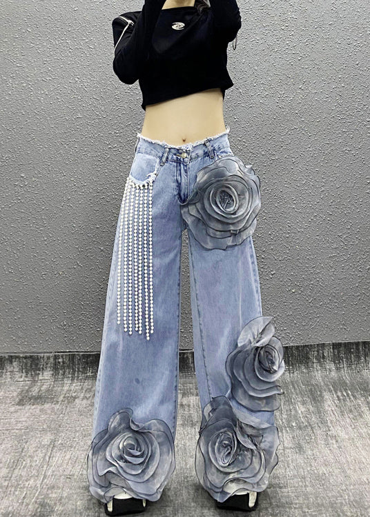 Blue Pockets Bead Tassel Denim Pants Fall Ri013
