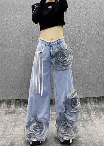 Blue Pockets Bead Tassel Denim Pants Fall Ri013