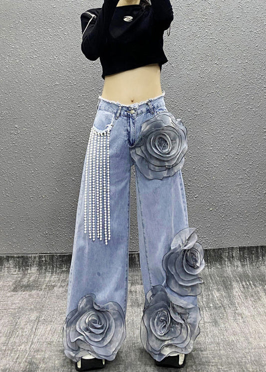 Blue Pockets Bead Tassel Denim Pants Fall Ri013