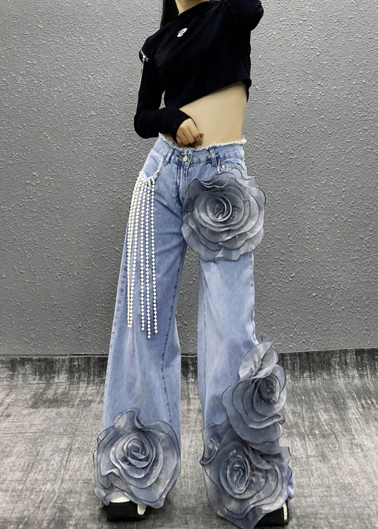 Blue Pockets Bead Tassel Denim Pants Fall Ri013
