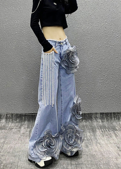 Blue Pockets Bead Tassel Denim Pants Fall Ri013