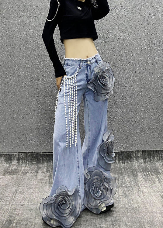 Blue Pockets Bead Tassel Denim Pants Fall Ri013