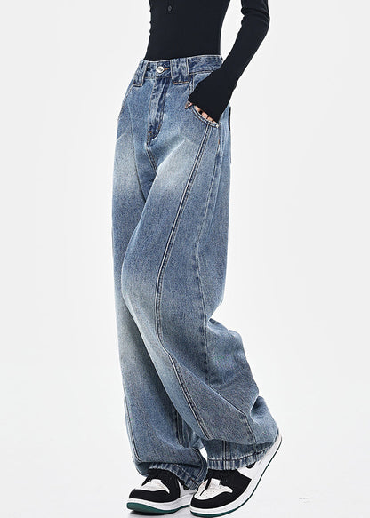Blue Pockets Patchwork High Waist Denim Pants Spring Tn036