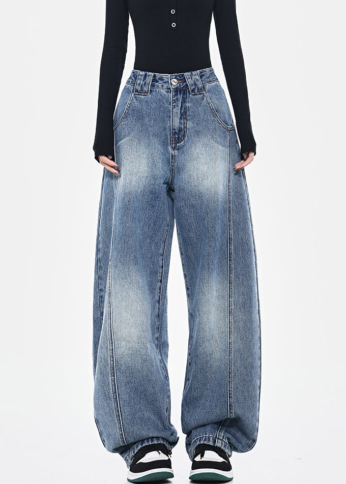 Blue Pockets Patchwork High Waist Denim Pants Spring Tn036