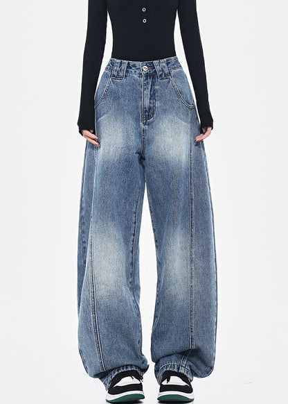 Blue Pockets Patchwork High Waist Denim Pants Spring Tn036