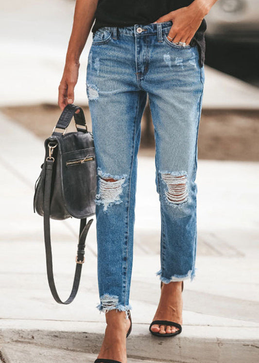 Blue Pockets Ripped Denim Pants Summer Th050