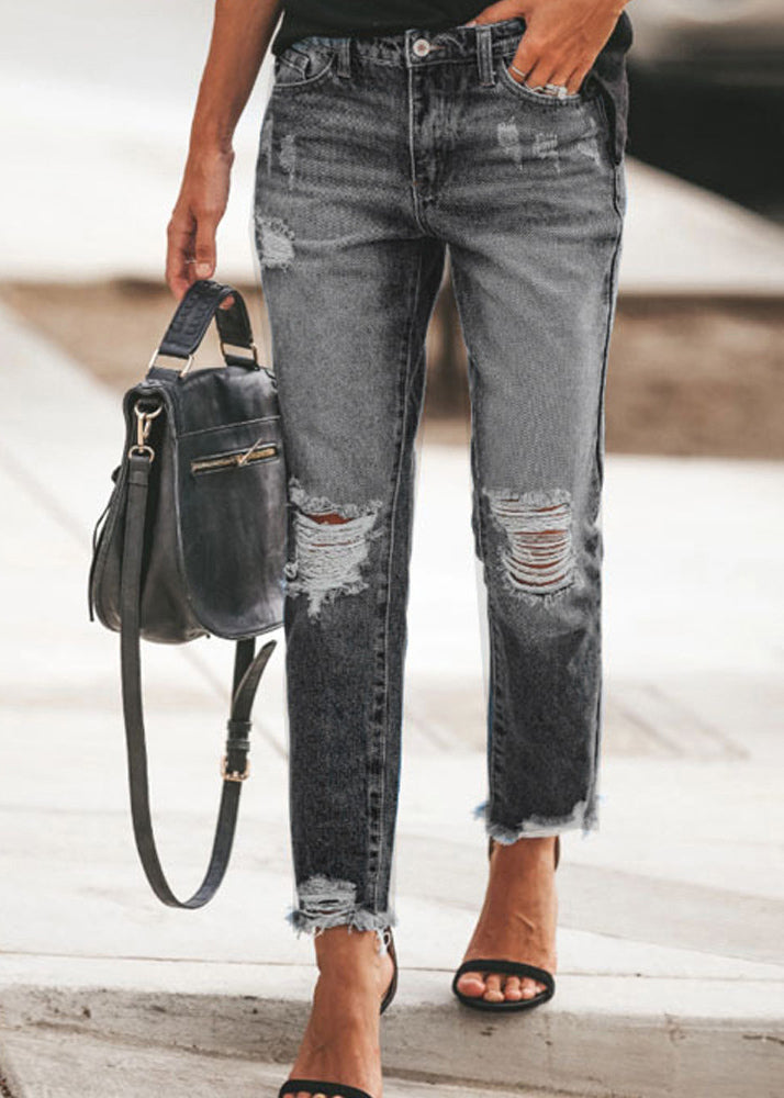 Blue Pockets Ripped Denim Pants Summer Th050
