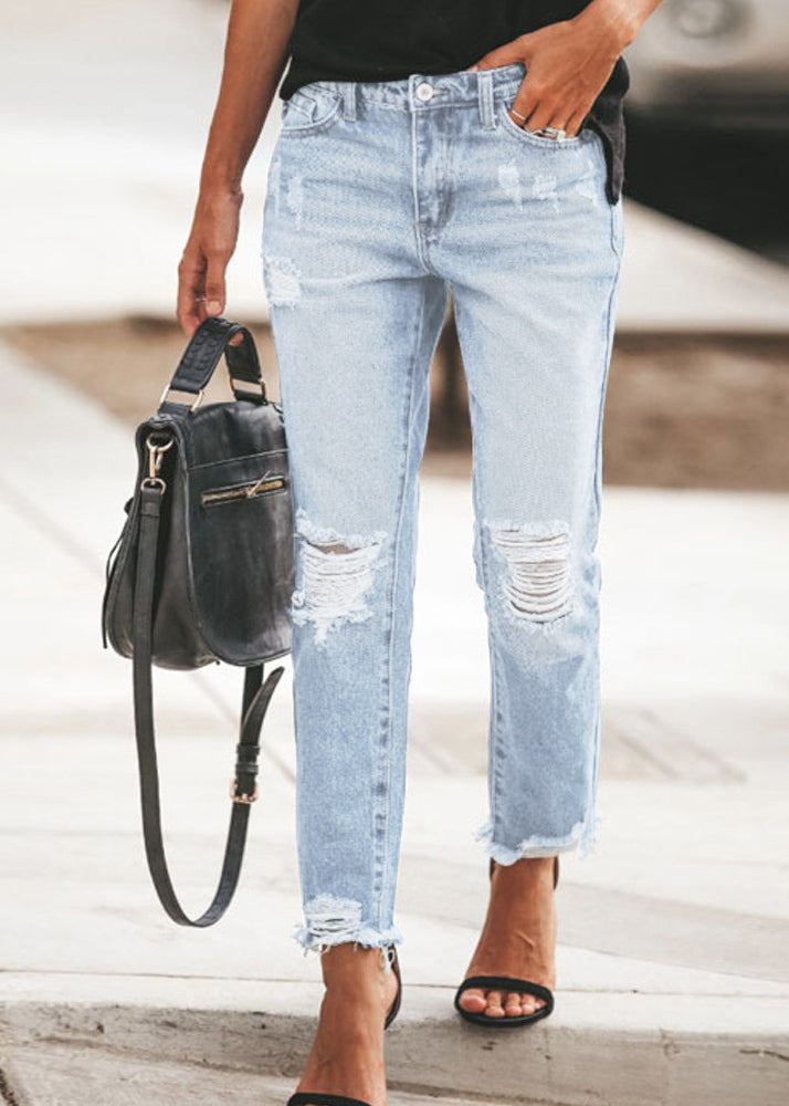 Blue Pockets Ripped Denim Pants Summer Th050