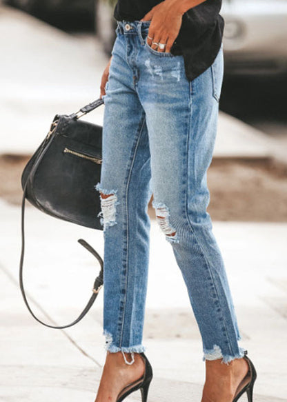 Blue Pockets Ripped Denim Pants Summer Th050