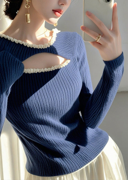 Blue Ruffled Hollow Out Knit Sweater Spring To006
