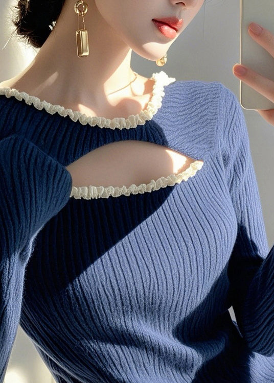 Blue Ruffled Hollow Out Knit Sweater Spring To006