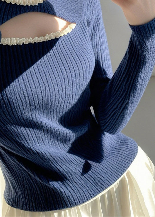 Blue Ruffled Hollow Out Knit Sweater Spring To006