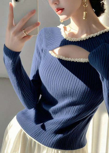 Blue Ruffled Hollow Out Knit Sweater Spring To006
