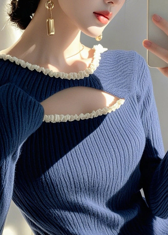 Blue Ruffled Hollow Out Knit Sweater Spring To006