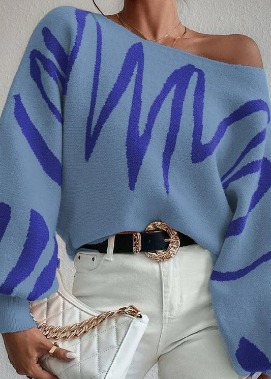 Blue Slash Neck Knit Sweaters Lantern Sleeve Qy017