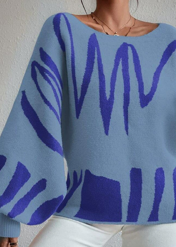 Blue Slash Neck Knit Sweaters Lantern Sleeve Qy017