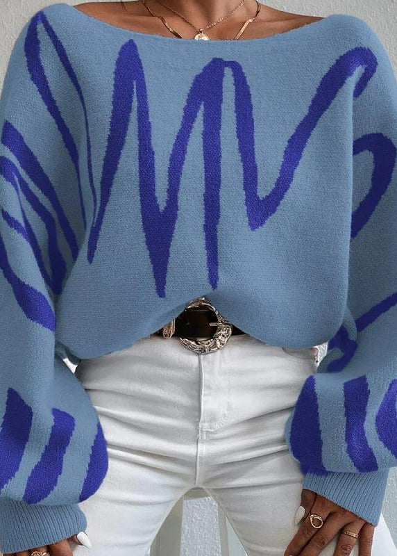 Blue Slash Neck Knit Sweaters Lantern Sleeve Qy017