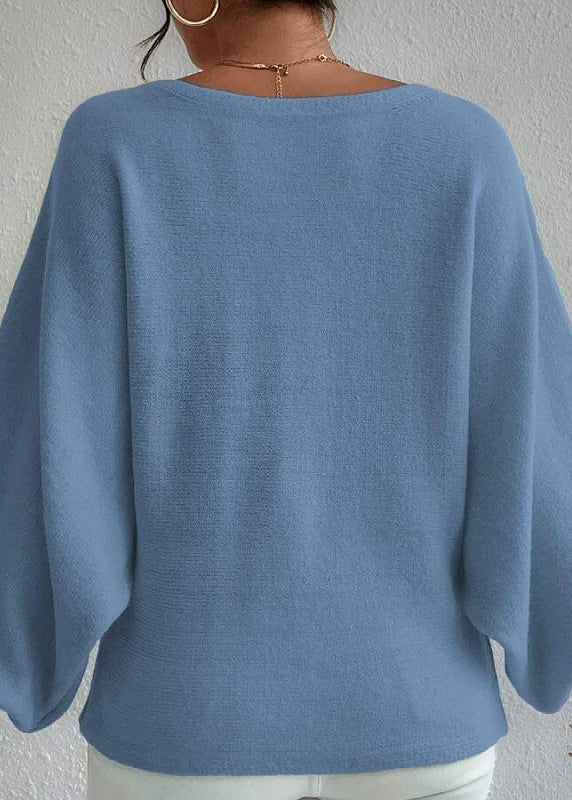 Blue Slash Neck Knit Sweaters Lantern Sleeve Qy017