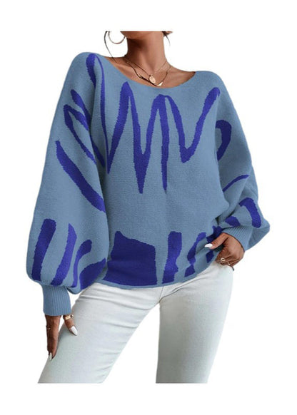 Blue Slash Neck Knit Sweaters Lantern Sleeve Qy017