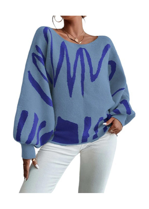 Blue Slash Neck Knit Sweaters Lantern Sleeve Qy017