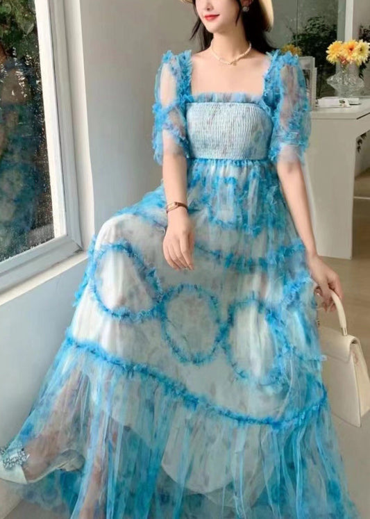 Blue Square Collar Ruffled Print Tulle Long Dress Summer Xx075