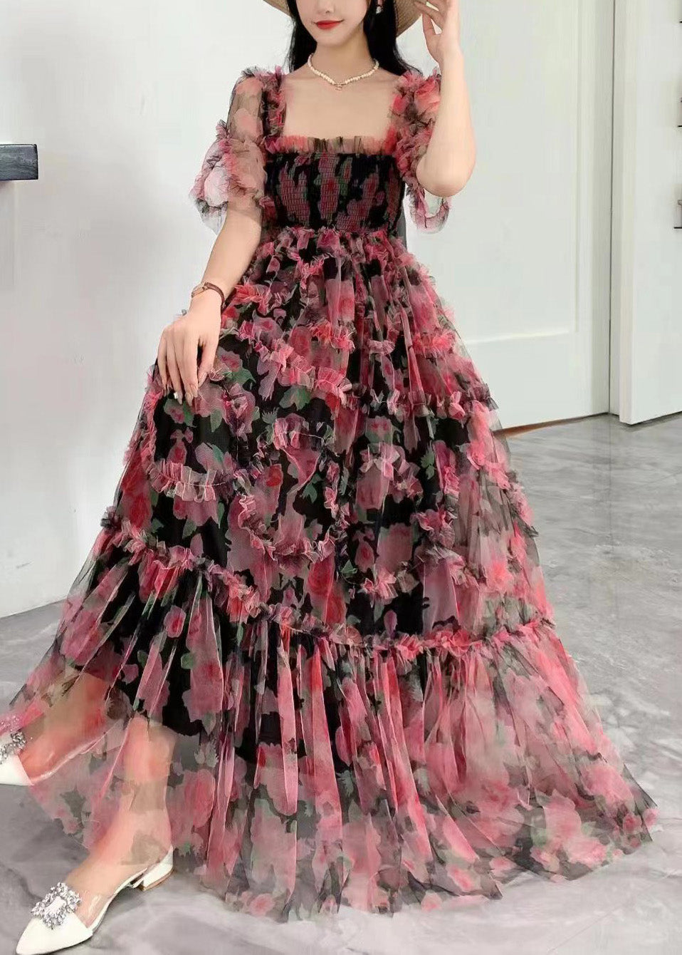 Blue Square Collar Ruffled Print Tulle Long Dress Summer Xx075