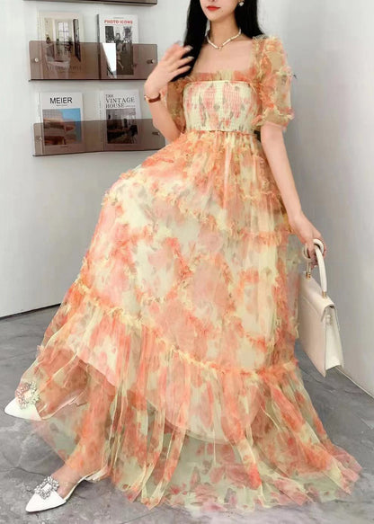 Princess Purple Square Collar Ruffled Print Tulle Long Dress Summer Az1006