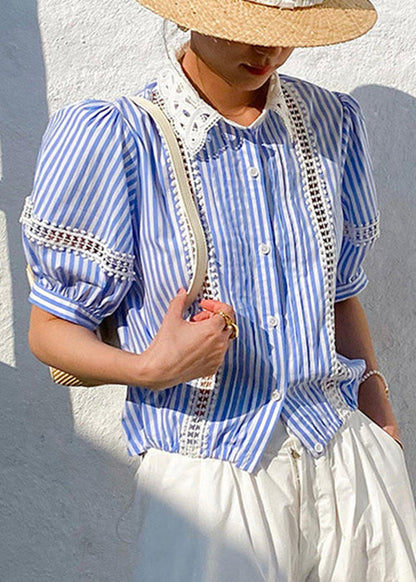 Out Summer Striped Blue Blouses Cotton Hollow